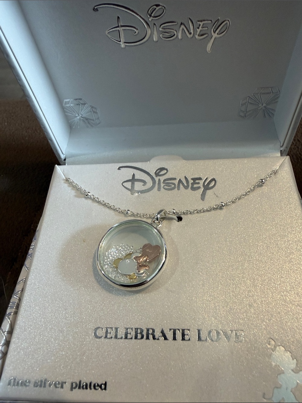 Disney Silver Plated Locket Necklace with Rose Gold Mickey and Clear Accents